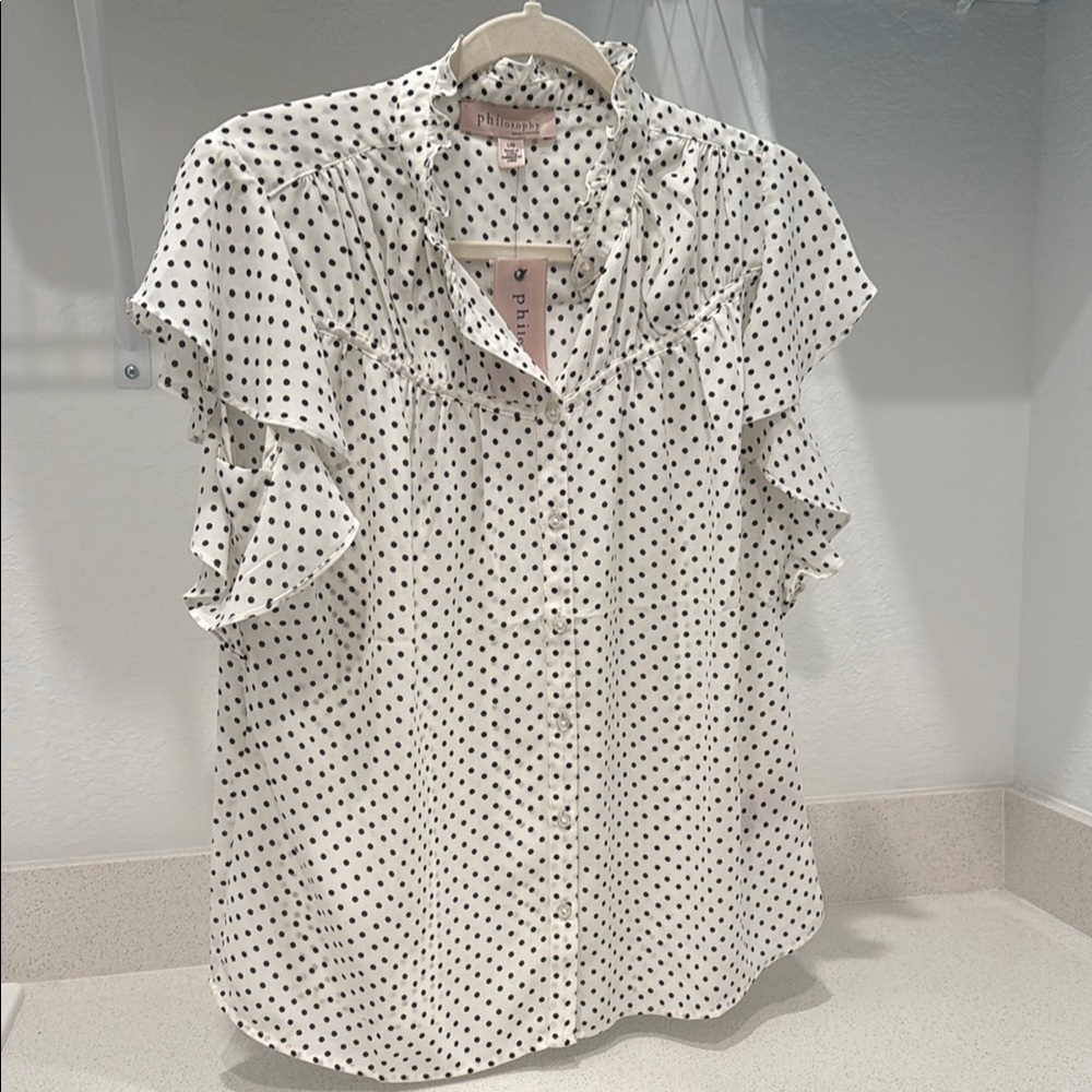Philosophy White and Black Flutter Sleeve Blouse